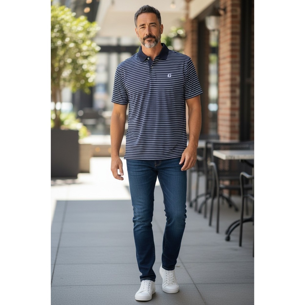 FootJoy Men's Striped Polo Shirt Navy White Short Sleeve Collared Button Size L